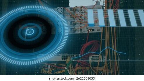 Image of scope scanning and data processing over cables in computer server in background. global computing, connections and data processing concept digitally generated image.