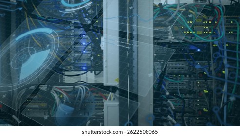 Image of scope scanning and data processing over cables in computer server in background. global computing, connections and data processing concept digitally generated image.