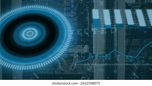 Image of scope scanning and data processing over cables in computer server in background. global computing, connections and data processing concept digitally generated image.