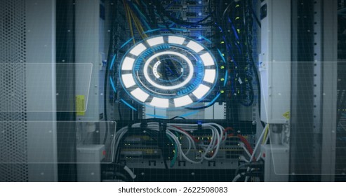 Image of scope scanning and data processing over cables in computer server in background. global computing, connections and data processing concept digitally generated image.