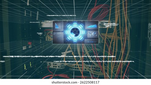 Image of scope scanning and data processing over cables in computer server in background. global computing, connections and data processing concept digitally generated image.
