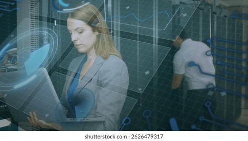 Image of scope scanning, data processing over caucasian it man and woman fixing computer server. global computing and data processing concept digitally generated image.