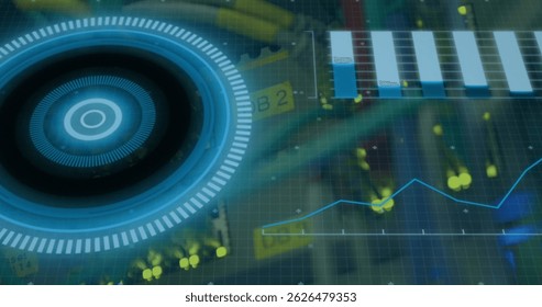Image of scope scanning and data processing over cables in computer server. global computing and data processing concept digitally generated image.