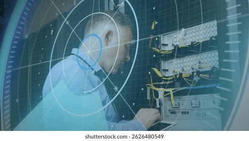 Image of scope scanning and data processing over caucasian it man fixing computer server. global computing and data processing concept digitally generated image.