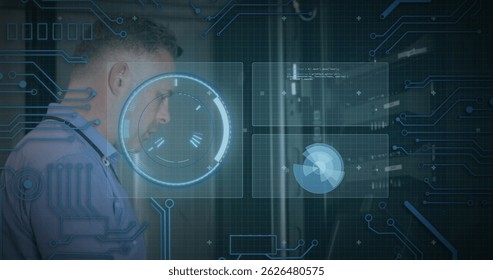Image of scope scanning and data processing over caucasian it man fixing computer server. global computing and data processing concept digitally generated image.