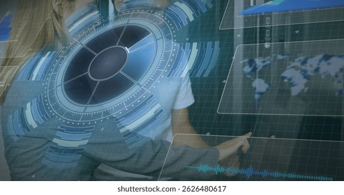 Image of scope scanning, data processing over caucasian it man and woman fixing computer server. global computing and data processing concept digitally generated image. - Powered by Shutterstock - Get 15% off with code: PIKWIZARD15