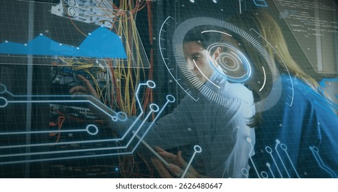Image of scope scanning, data processing over caucasian it man and woman fixing computer server. global computing and data processing concept digitally generated image. - Powered by Shutterstock - Get 15% off with code: PIKWIZARD15