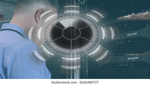 Image of scope scanning and data processing over caucasian it man fixing computer server. global computing and data processing concept digitally generated image.