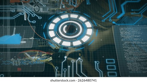 Image of scope scanning and data processing over cables in computer server. global computing and data processing concept digitally generated image. - Powered by Shutterstock - Get 15% off with code: PIKWIZARD15