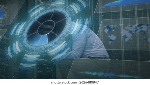 Image of scope scanning and data processing over caucasian it man fixing computer server. global computing and data processing concept digitally generated image.