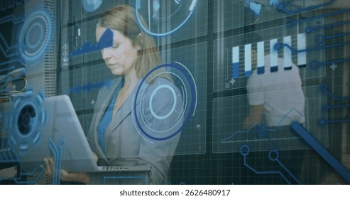 Image of scope scanning, data processing over caucasian it man and woman fixing computer server. global computing and data processing concept digitally generated image.