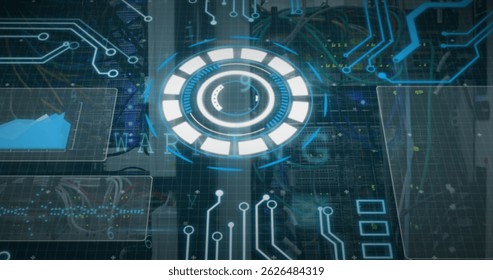 Image of scope scanning and data processing. Global business digital interface technology and networking concept digitally generated image.