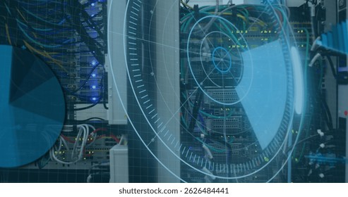 Image of scope scanning and data processing over tech room with computer servers. Global business digital interface technology and networking concept digitally generated image.