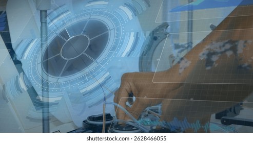Image of scope scanning and data processing over businessman. global business digital interface technology and networking concept digitally generated image.