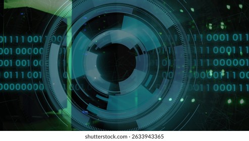 Image of scope scanning and data processing over server room. Global business and digital interface concept digitally generated image.