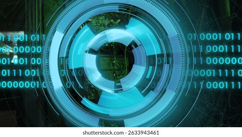 Image of scope scanning and data processing over server room. Global business and digital interface concept digitally generated image.