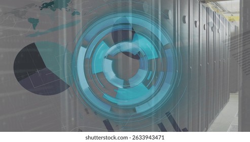 Image of scope scanning and data processing over server room. Global business and digital interface concept digitally generated image.