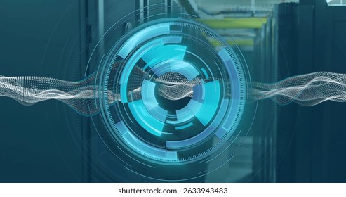 Image of scope scanning and data processing over server room. Global business and digital interface concept digitally generated image.