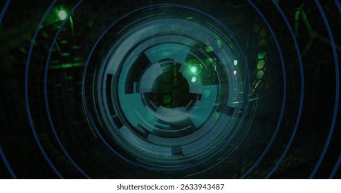 Image of scope scanning and data processing over server room. Global business and digital interface concept digitally generated image.