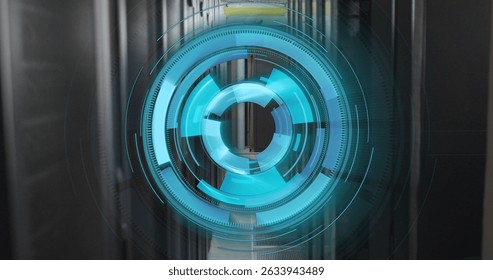 Image of scope scanning and data processing over server room. Global business and digital interface concept digitally generated image.