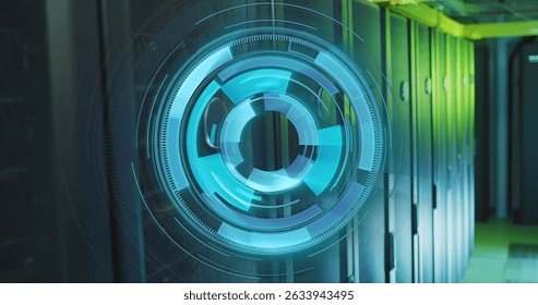 Image of scope scanning and data processing over server room. Global business and digital interface concept digitally generated image.