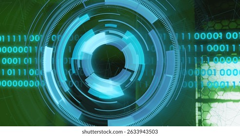 Image of scope scanning and data processing over server room. Global business and digital interface concept digitally generated image.
