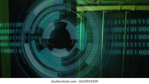 Image of scope scanning and data processing over server room. Global business and digital interface concept digitally generated image.