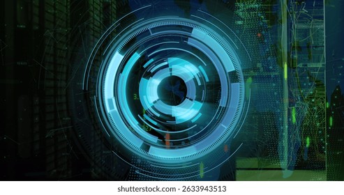 Image of scope scanning and data processing over server room. Global business and digital interface concept digitally generated image.