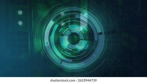 Image of scope scanning and data processing over server room. Global business and digital interface concept digitally generated image.