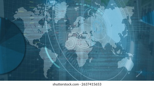 Image of scope scanning and data processing over world map. Global business, computing and digital interface concept digitally generated image.