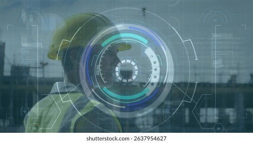 Image of scope scanning with data processing over caucasian male worker. Global technology, computing and digital interface concept digitally generated image.