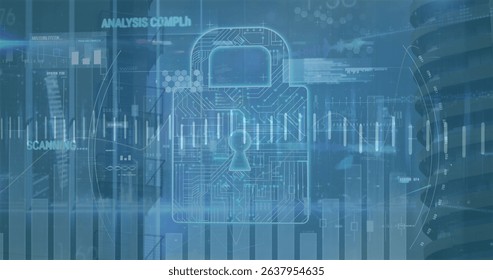 Image of scope scanning with data processing and padlock icon over cityscape. Global business, computing and digital interface concept digitally generated image.