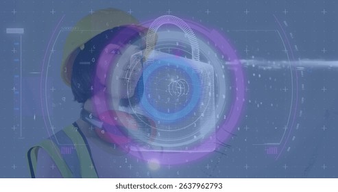 Image of scope scanning with data processing and padlock icon over caucasian female worker. Global technology, computing and digital interface concept digitally generated image.