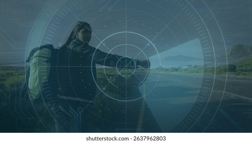 Image of scope scanning with data processing over woman running hitchhiking. Global sport, computing and digital interface concept digitally generated image.