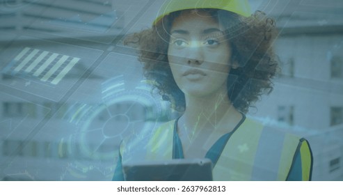 Image of scope scanning with data processing over female worker. Global technology, computing and digital interface concept digitally generated image.
