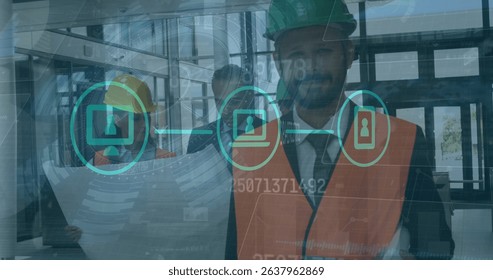 Image of scope scanning with data processing and network of connections over diverse workers. Global technology, computing and digital interface concept digitally generated image.