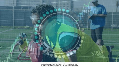 Image of scope scanning and data processing over boy football player on pitch. Sports, competition and data processing concept digitally generated image.