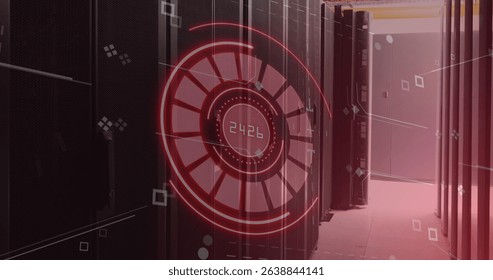 Image of scope scanning with data processing over server room. Global technology, online security and digital interface concept digitally generated image.