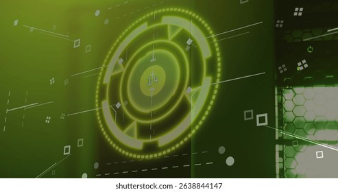Image of scope scanning with data processing over server room. Global technology, online security and digital interface concept digitally generated image.