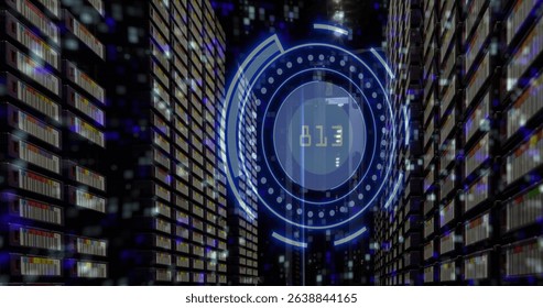 Image of scope scanning with data processing and moving columns over server room. Global technology, online security and digital interface concept digitally generated image.