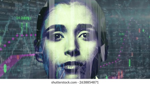 Image of scope scanning and data processing over woman face. Online networking internet and social media concept digitally generated image.