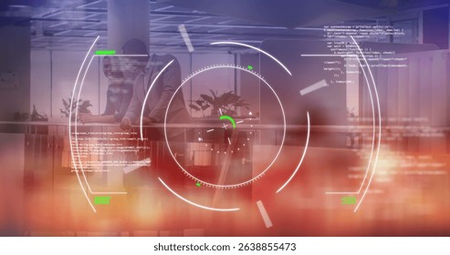 Image of scope scanning with data processing over diverse business people at office. Global business, computing and digital interface concept digitally generated image.