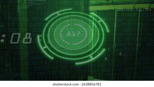 Image of scope scanning with data processing over server room. Global technology, online security and digital interface concept digitally generated image.