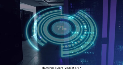Image of scope scanning with data processing over server room. Global technology, online security and digital interface concept digitally generated image.