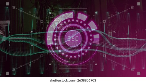 Image of scope scanning with data processing over server room. Global technology, online security and digital interface concept digitally generated image.