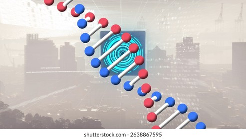 Image of scope scanning with data processing and dna strand over cityscape. Global business, finances and digital interface concept digitally generated image.