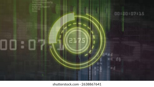 Image of scope scanning with data processing over server room. Global technology, online security and digital interface concept digitally generated image.