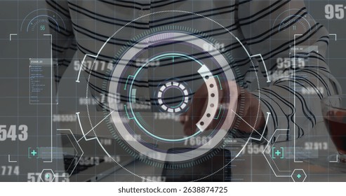 Image of scope scanning and data processing over caucasian woman using smartphone. Global business, data processing and digital interface concept digitally generated image.