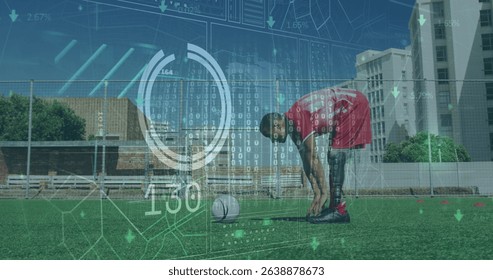 Image of scope scanning and data processing over football player with prosthetic leg. Sports, competition and data processing concept digitally generated image.