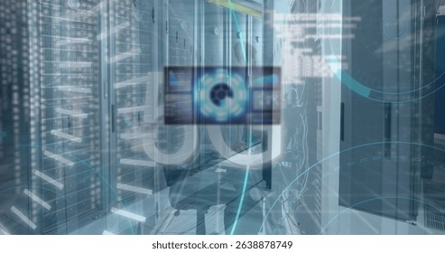 Image of scope scanning and data processing over diverse business people in server room. Global technology, computing and digital interface concept digitally generated image.
